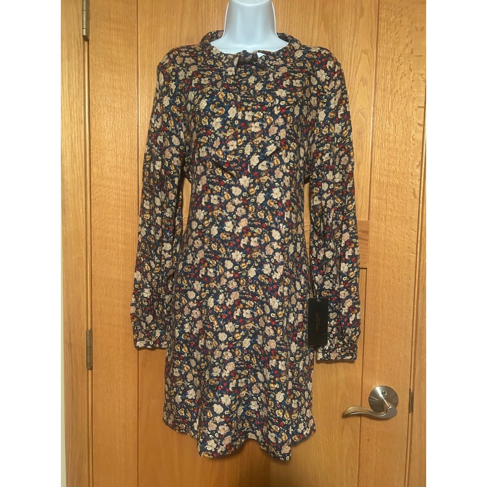 NEW Cottagecore Boho Zara Floral Long Sleeve Tie Neck Mini Dress Blue Size Large